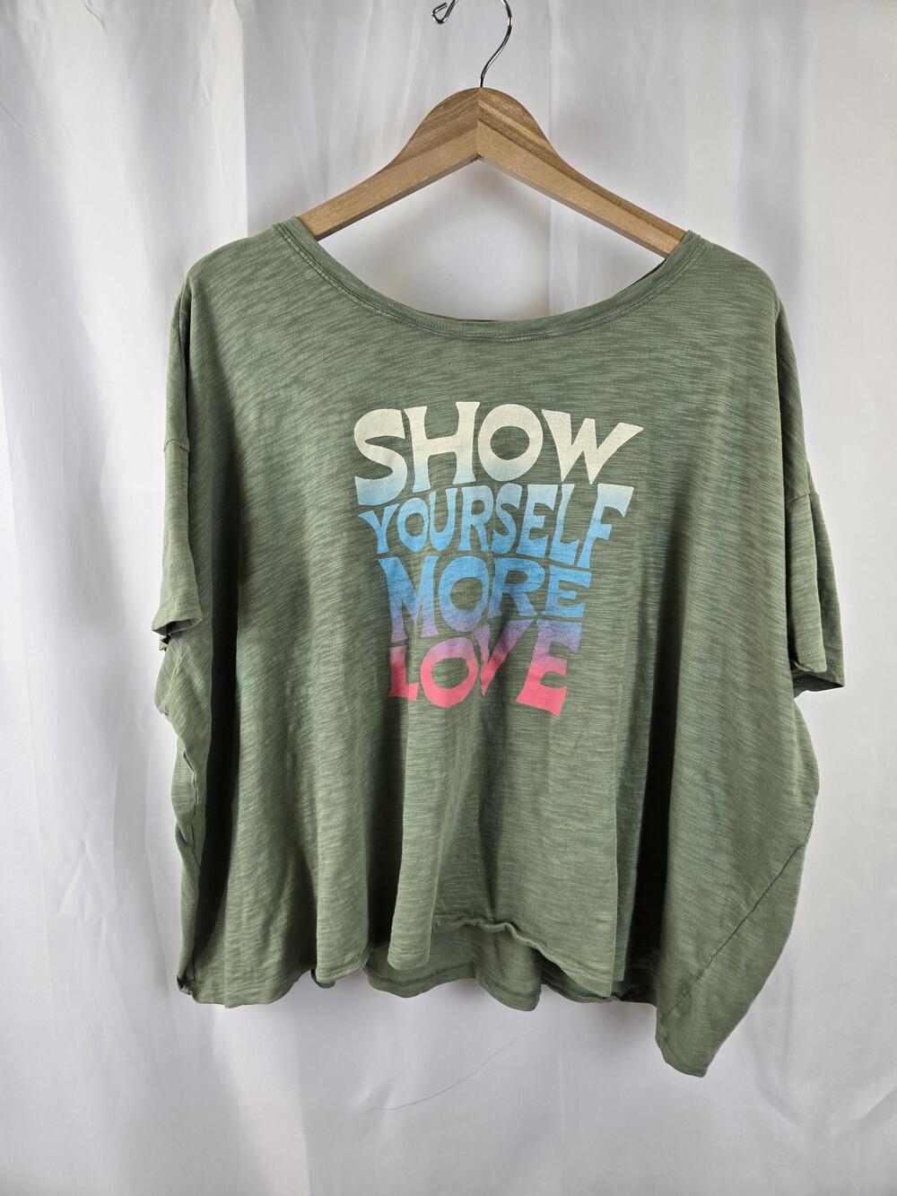 Old Navy Shirt Womens 4X Green Crop Graphic Dolman Tee Show Yourself More Love